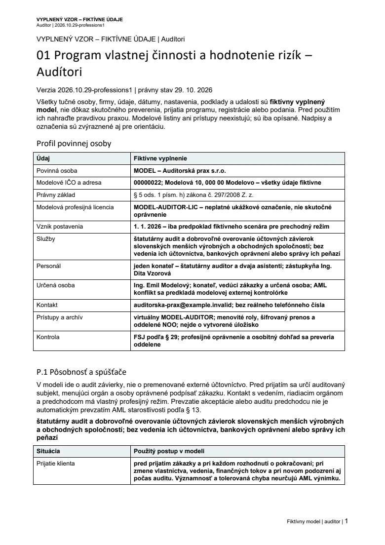 Náhľad prvej strany programu AML – Audítor