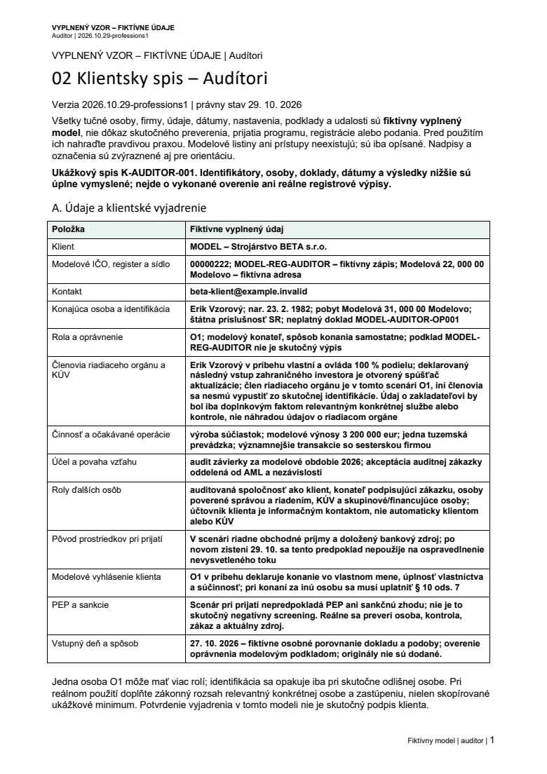 Náhľad prvej strany klientskeho spisu – Audítor